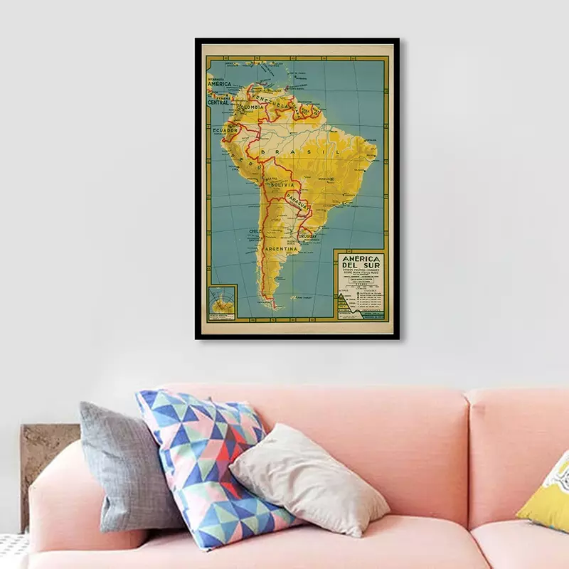 59*84cm Political Map of The South America In Spanish Retro Wall Art Poster Canvas Painting Home Decor Kids School Supplies