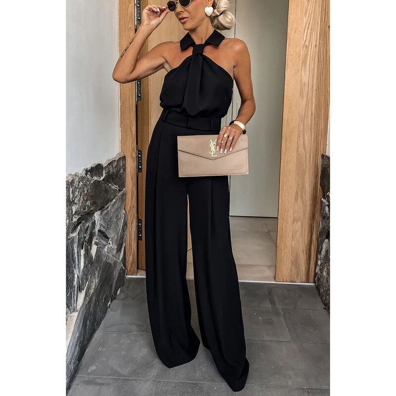 2024 Solid Halter Jumpsuit For Women  Sleeveless  Wide Leg Pants Rompers Party Evening Clothing