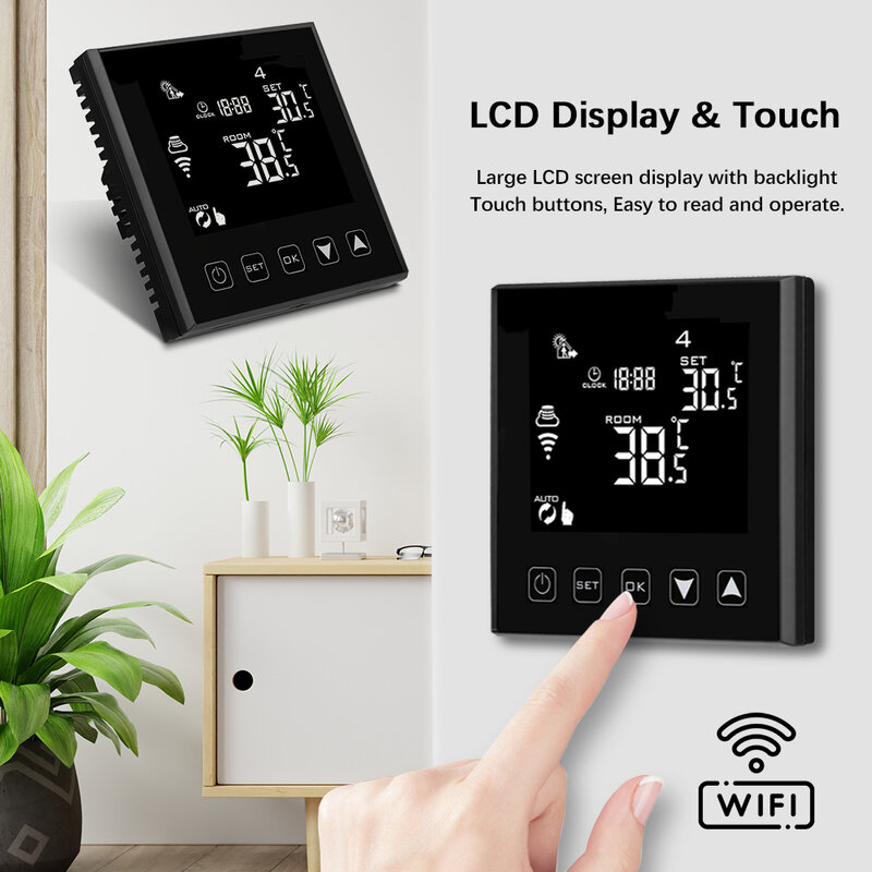 Termostato inteligente WiFi montado na parede, display LCD, tela sensível ao toque, aquecimento elétrico do piso, controlador remoto da temperatura da água