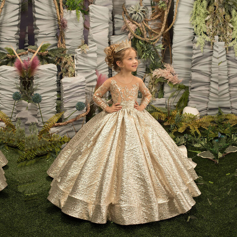 Dziewczęca sukienka w kwiaty złoty puszysty pas z kokardą z długim rękawem Fantasy luksusowa suknia urodzinowa druhna z okazji urodzin
