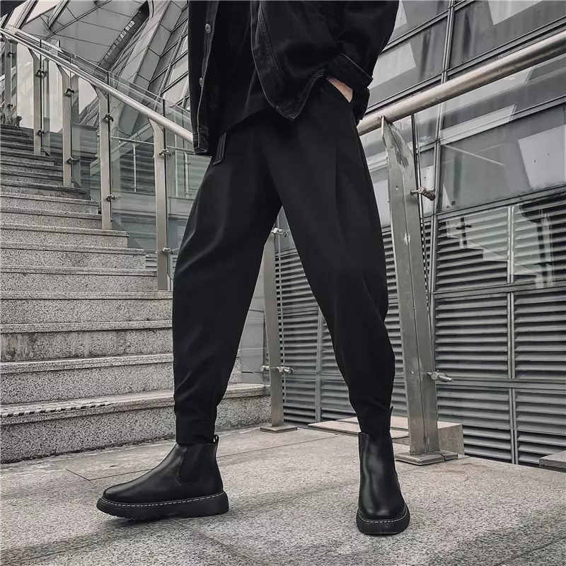 Calça preta de cintura alta masculina, calça casual grande, solta, reta, moda coreana, primavera e outono