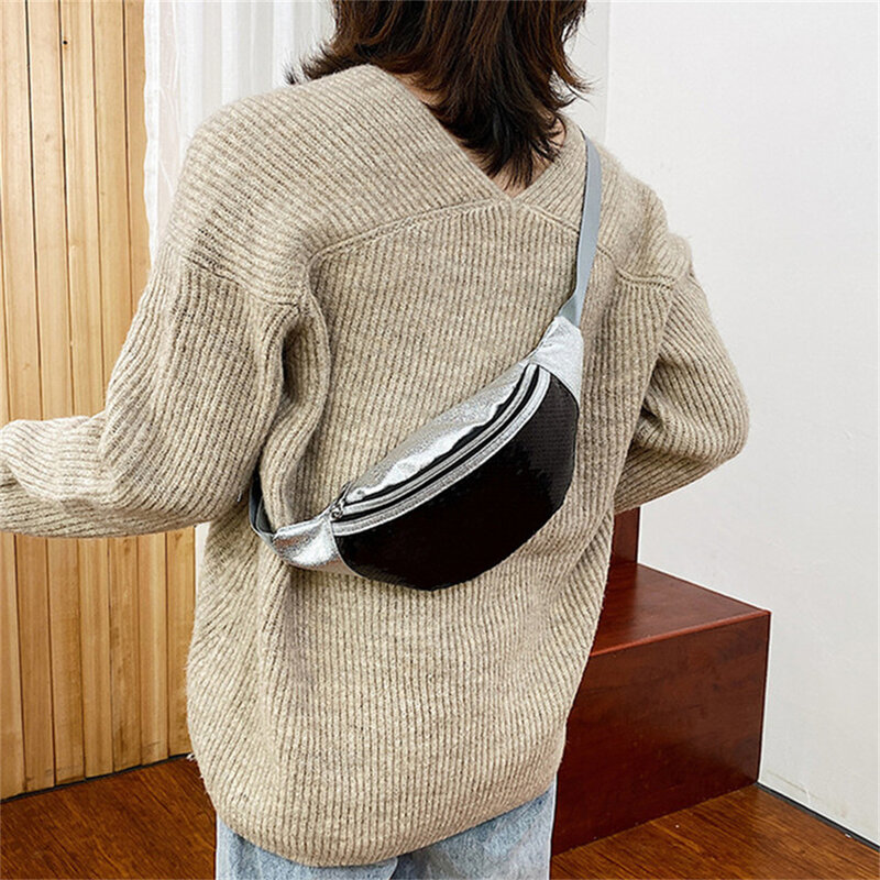 Fashion Handbag For Women Pu Leather Fabric Crossbody Belt Bag Glitter Sequin Fanny Pack Stylish Chest Pouch Single Shoulder Bag