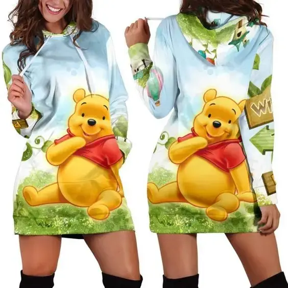Disney Winnie der Pooh Hoodie Kleid Pullover Mode Disney Ferkel Kleid Sweatshirt Kleid 3d Allover bedruckte Hoodie für Frauen