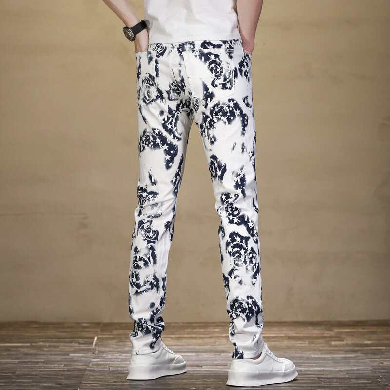 Модные индивидуализированные белые джинсы с принтом для мужчин, новые облегающие модные повседневные брюки в уличном стиле
