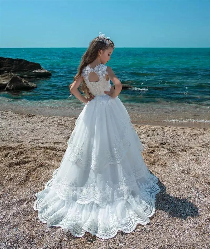 Elegancki biały tiul bufiasta koronkowa dziewczęca sukienka w kwiaty na ślub aplikacja bez rękawów dla dziecka pierwszy sukienka na przyjęcie urodzinowe eucharystyczny