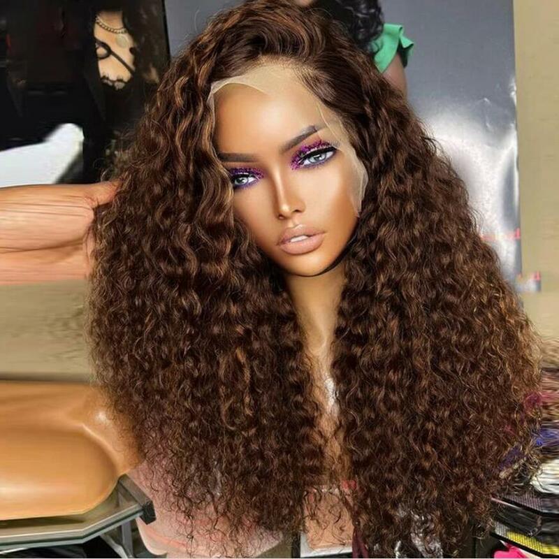 Perruque Lace Front Wig crépue bouclée naturelle pour femmes noires, cheveux de bébé, sans colle, préplumée, degré de chaleur, douce, longue, marron, densité 180, 26 po