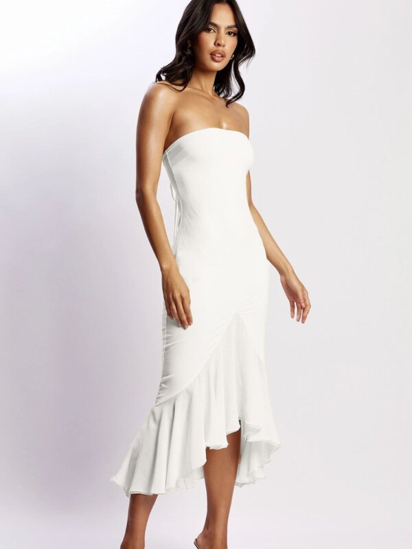 Biała sukienka bez ramiączek kobiety elegancki biustonosz w stylu Off ramię spódnica Sexy Backless sukienek bez rękawów długa spódnica