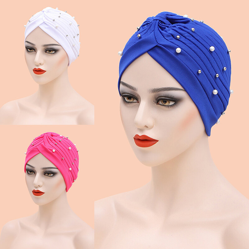 African Headwrap Ladies Head Wraps India Hat Hijabs Cap Women Beaded Turban Bonnet Soild Color Cotton Turban Hat Inner Hijab Cap