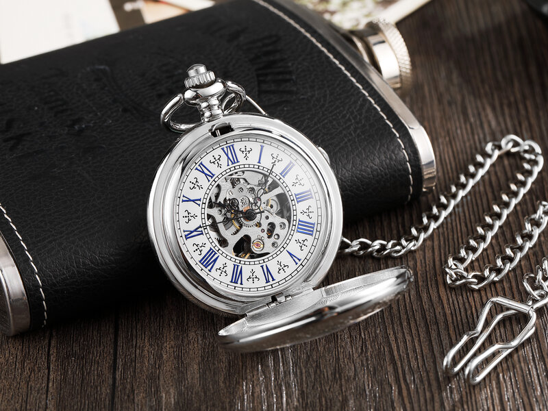 Luxury Silver Roman Numerals Machinery Pocket Watch Chain Men Women Hollow Vintage Pendant Necklace Best Gifts for Men Women