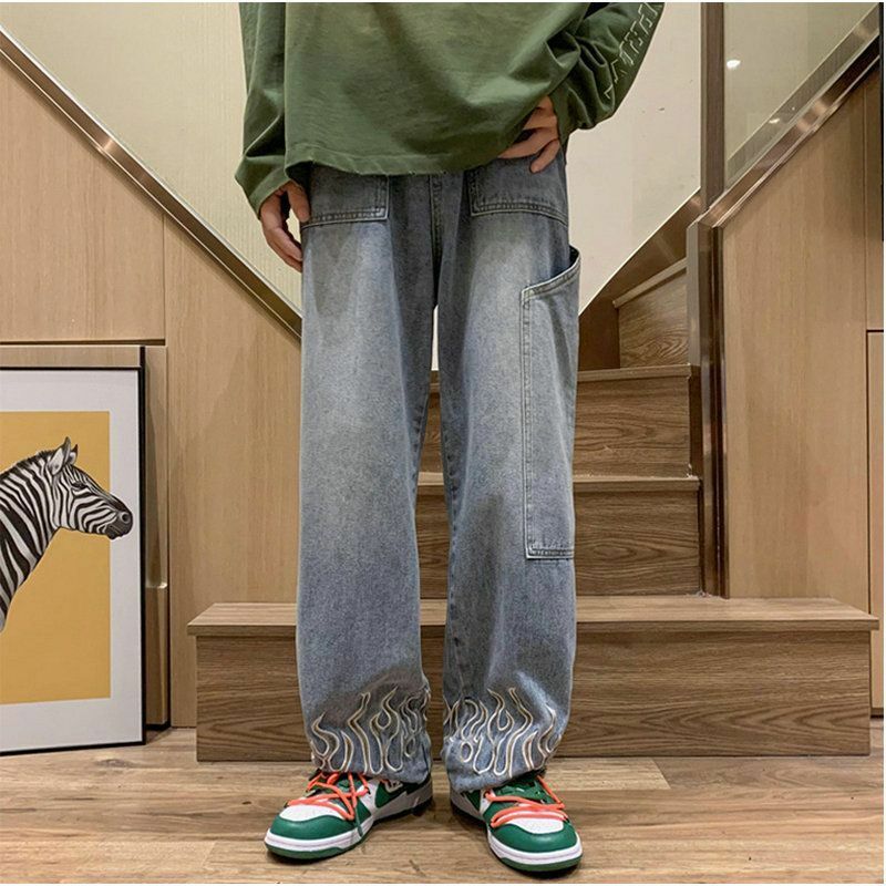 Jeans de rua americano design masculino sentido chama bordado em linha reta calças casuais tendência casal solto calças de perna larga retro y2k