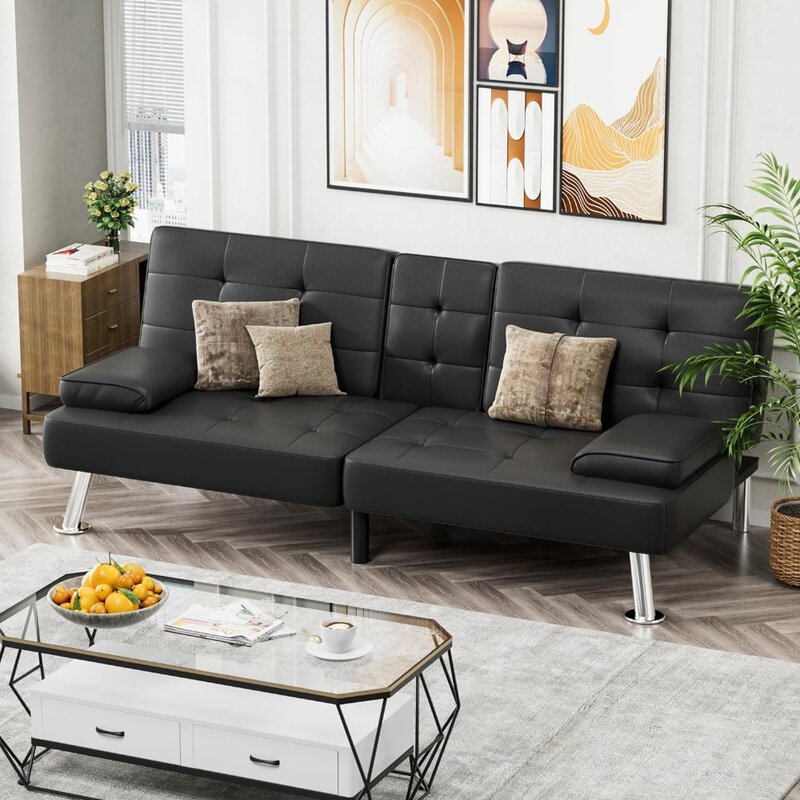 Sofá cama con reposabrazos extraíble, sillón reclinable ajustable, 2 portavasos para sala de estar (cuero, negro)