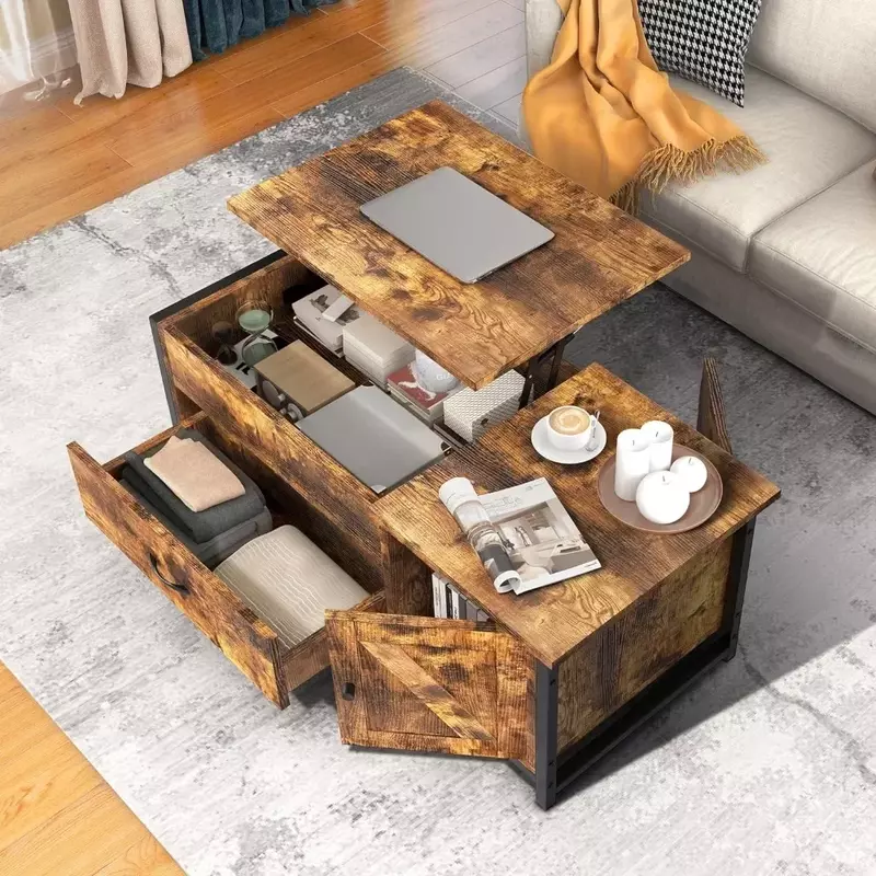 41.7“Lift Top Coffee Table With Storage Drawer& Hidden Compartment Barn Door Cabinet Center Sofa Console Table (Rustic Brown2)