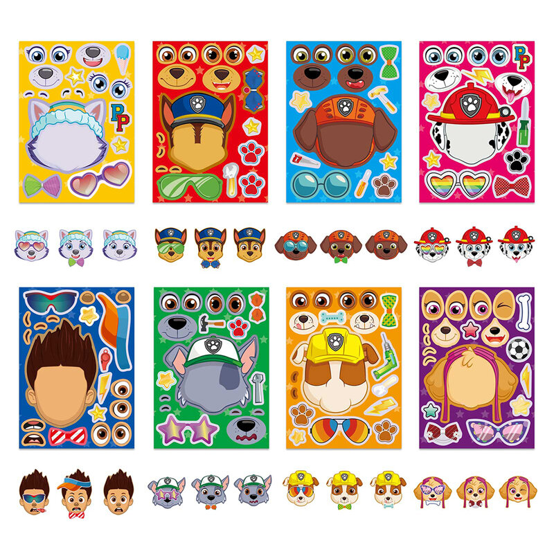 8/16 Vellen Paw Patrol Puzzel Anime Stickers Achtervolging Maken Een Gezicht Kinderen Grappige Spelletjes Monteren Puzzel Kid Speelgoed Schattige Decoratie Sticker