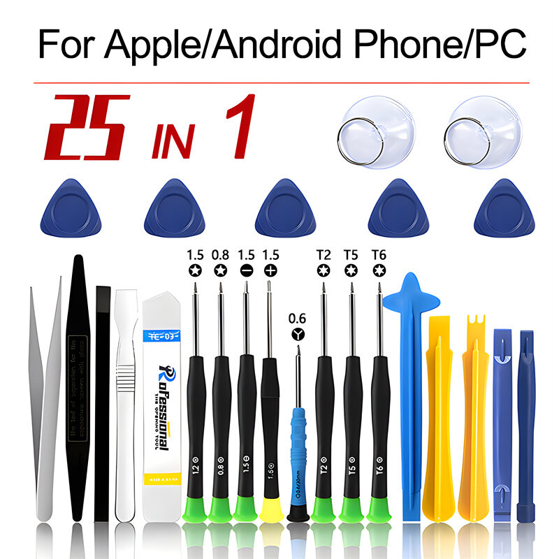 Kit de herramientas de reparación profesional 25 en 1 para iPhone, destornillador de teléfono móvil, Samsung, Xiaomi, iPad, PC, Kit de mano de desmontaje