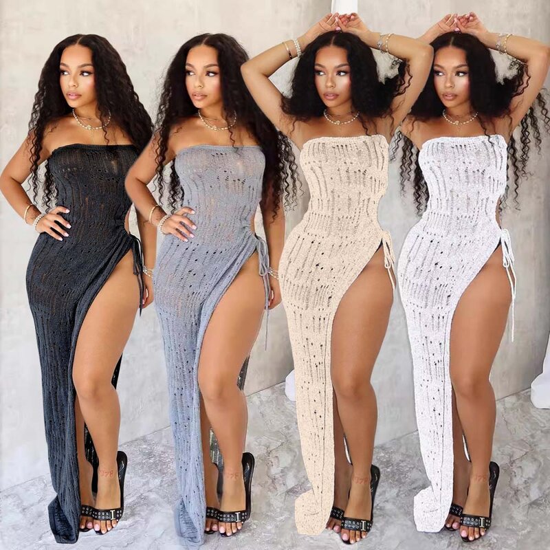 Crocheted Sexy Knitted Long Dress Lady Party Bodycon Evening Dresses Women Summer Elegant Luxury Club Hole Ripped Dresses