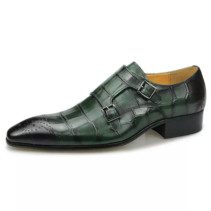 Echtes Leder Männer Casual Doppel Mönch Strap Crocodile Print Mode Retro Spitz Klassische Loafer Büro Schuhe für Männer Grün