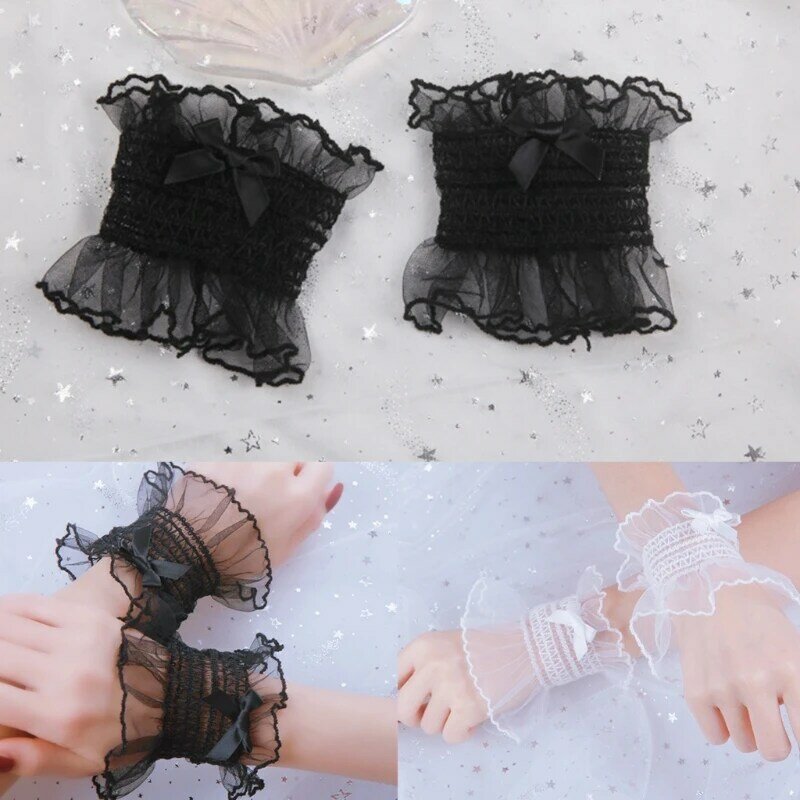 Japanese Sweet Shirred Elastic Wrist Cuffs Solid Color Ruffled Lace Bowknot Bracelet Wristband Anime Hand Sleeves