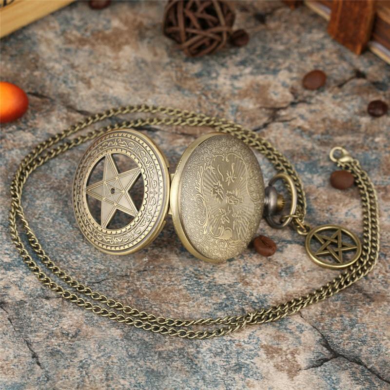 Retro Hollow Out Five Stars Pattern Unisex Quartz Analog Pocket Watch Necklace Chain with Pendant Pentagram Antique Timepiece