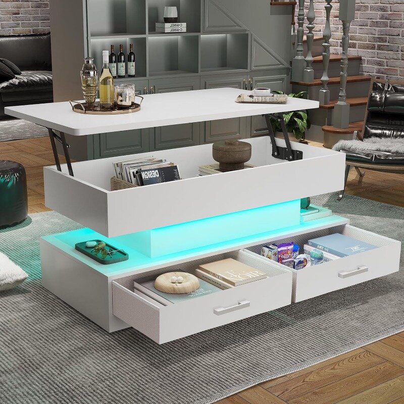 40" Lift Top Coffee Table, Coffee Tables with Storage for Living Room, Small Coffee Table with 2 Fabric Drawers & LED Light