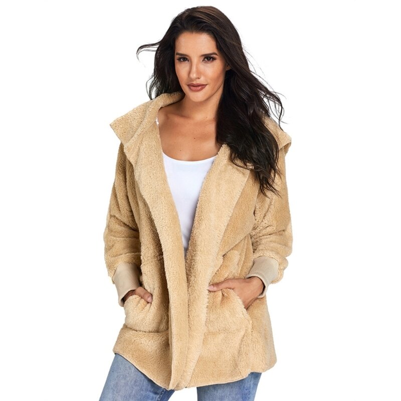 Cappotto lungo in pelliccia da donna giacche con cappuccio aperto davanti giacche larghe in pelliccia sintetica risvolto cappotti femminili spessi e caldi con doppie tasche