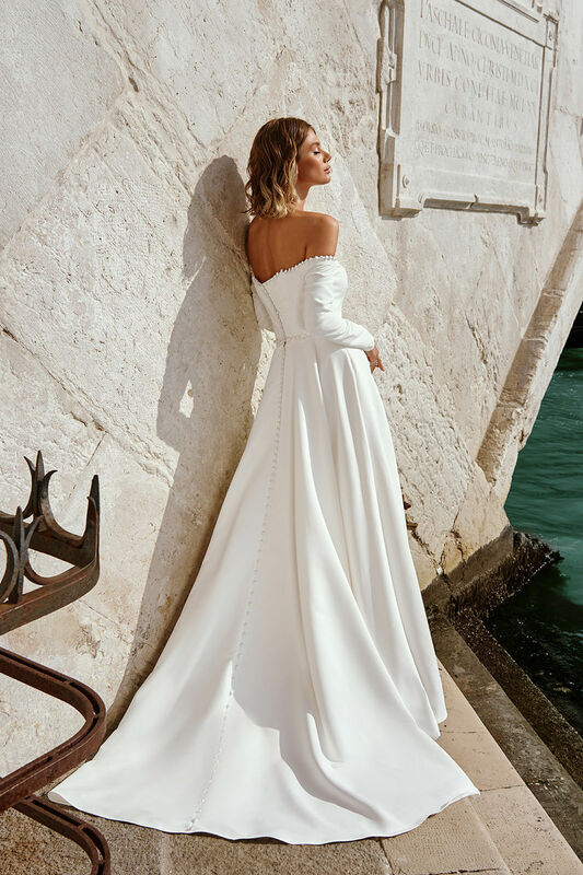 Vestido de casamento linha A feminino, decote de barco, manga comprida, botões encantadores, praia deslumbrante, customizar para medir, 2024