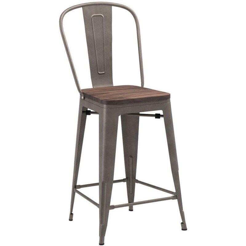 Sgabelli da Bar Set di 4 sedie da bancone da cucina in metallo con schienale alto sgabelli da Bar da 24 pollici con sedile in legno industriale arrugginito