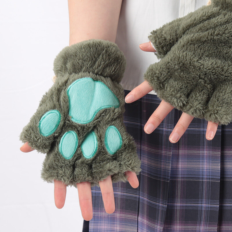 Women Cartoon Cat Claw Gloves Thickened Plush Lovely Style Bear Paw Exposed Fingers Half Winter Mittens Warm Girls Gift Gloves