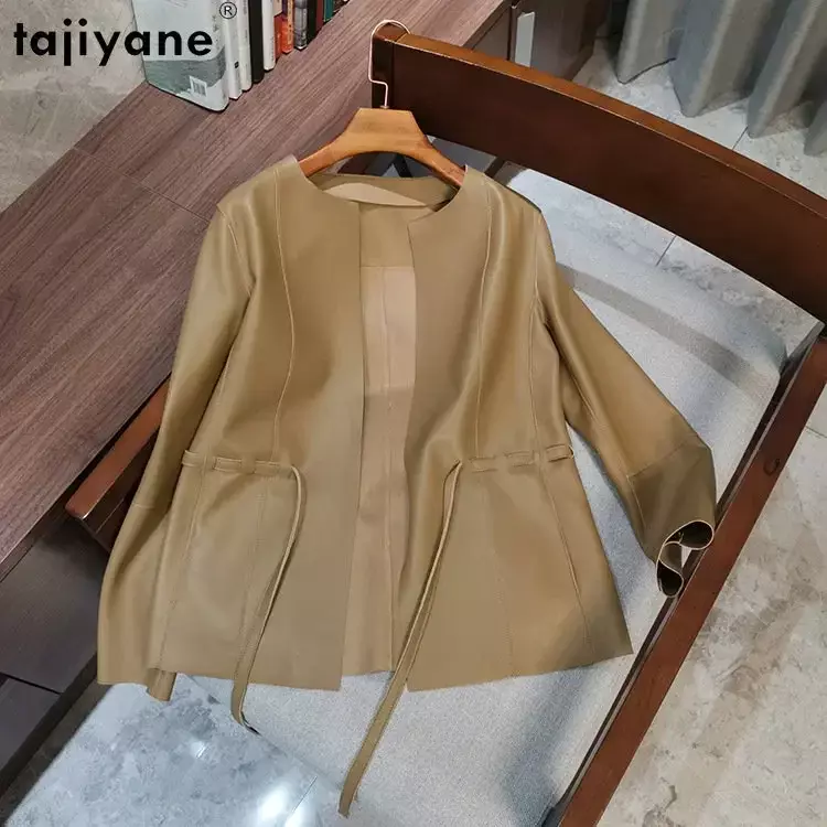 Tajiyane Echt Schaffell Mantel elegante O-Neck Lederjacken für Frauen Echt lederjacke elegante lose Outwear Gürtel