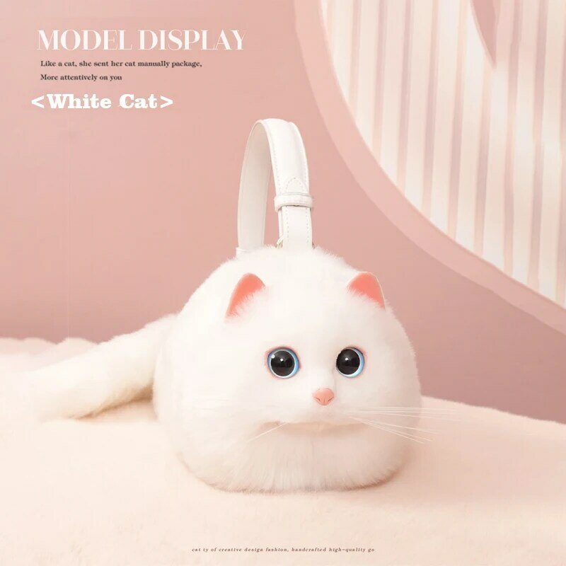 Fashion tas tangan wanita, berbentuk kucing putih tas selempang bulu palsu lucu dompet tas bahu rantai mewah tas tangan wanita