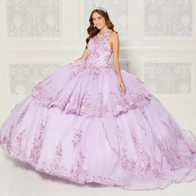 Halter abito da ballo senza maniche Quinceanera Vintage 3D Flower Prom Dresses Sparkly paillettes Princess Long Sweet 16 Dress Vestidos