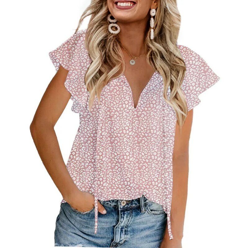 Summer Women's Floral Casual V-neck Chiffon Shirt Loose and Simple Short Sleeved Top