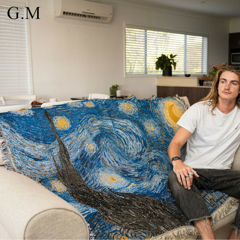Nordic Van Gogh selimut lempar malam berbintang lukisan minyak dicetak Sofa Bed karpet dekorasi anyaman tebal permadani selimut piknik
