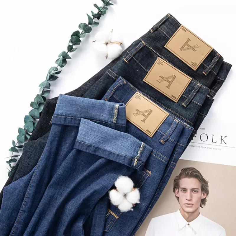 Celana kasual bisnis pria, Jeans warna Solid, biru elastis kasual Trousers.2024 koleksi musim semi/musim panas Plus ukuran 29-40