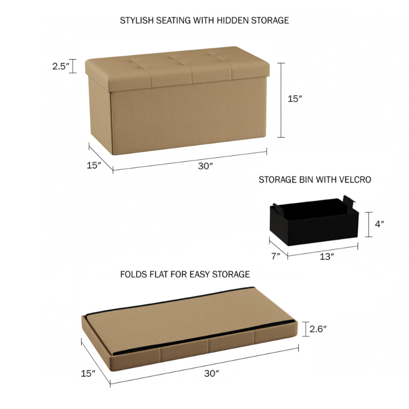 Rectangular Foldable Storage Bench Ottoman, Beige Bench  Furniture Space Saving Furniture Sofa Ottoman Seat Storage Box