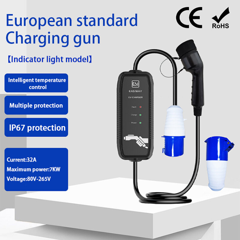 Carregador EV portátil versão EVSE, Cabo de carregamento, 5m CEE Plug, Modo de luz indicadora, EU, 3.5KW, 16A, 1 Phase, 80V a 265V, Tipo 2