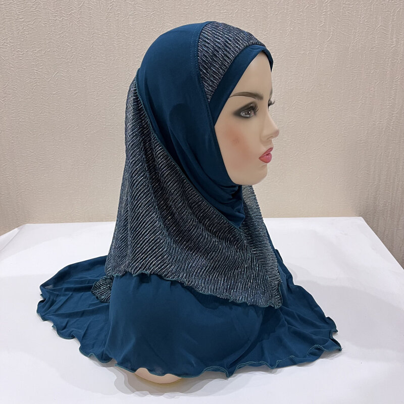高品質パッチワークヒジャーブ女の子大人ミディアム教徒アミラヒジャーブラメメッシュ層プルアップイスラムスカーフヒジャーブピンショール帽子