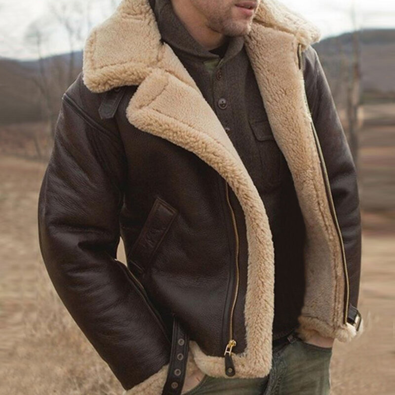 Vestuário masculino jaqueta de inverno 2022 moda turn down collar masculino casaco de lã de pele grosso casacos de couro outwear street wear blusão