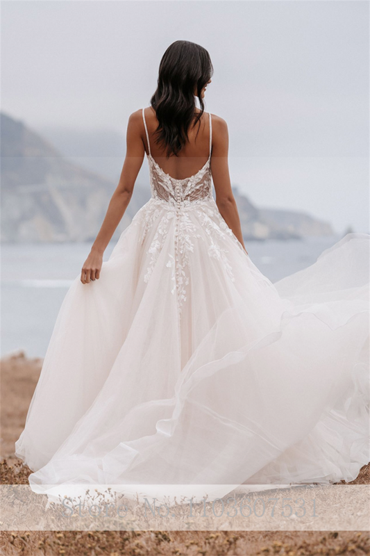 Женское свадебное платье с квадратным вырезом, скромное кружевное Тюлевое ТРАПЕЦИЕВИДНОЕ ПЛАТЬЕ на тонких бретелях, вечернее платье для торжественных мероприятий