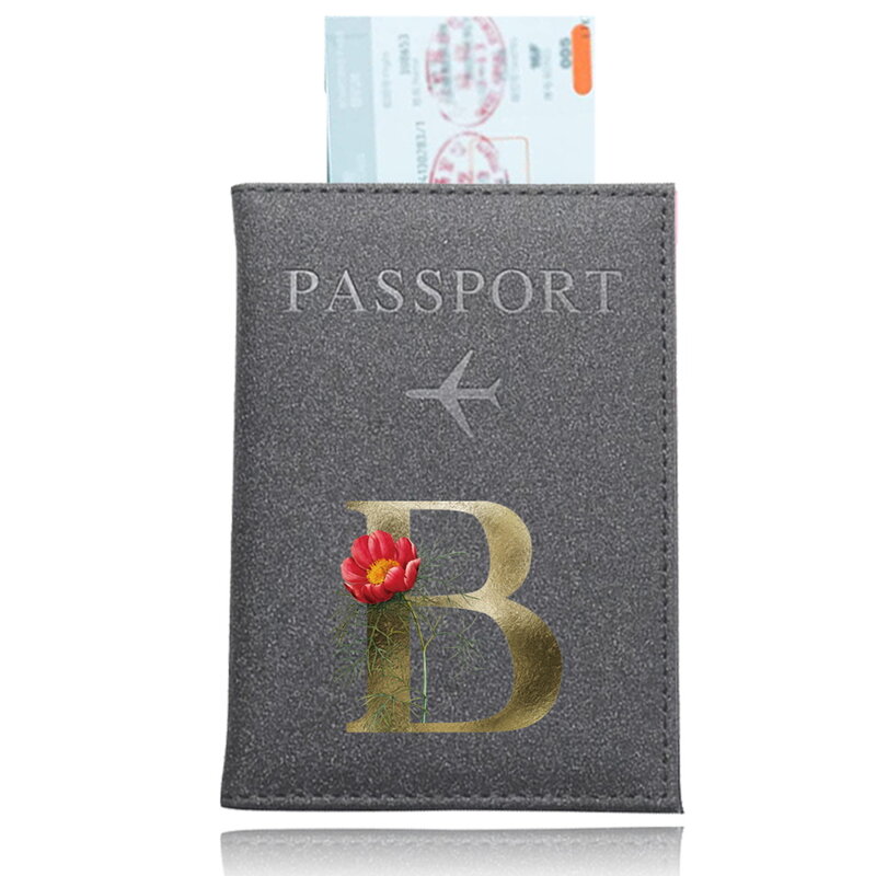 PU pemegang paspor uniseks, dompet tempat kartu perjalanan ke sampul paspor seri bunga emas motif UV warna abu-abu untuk pria
