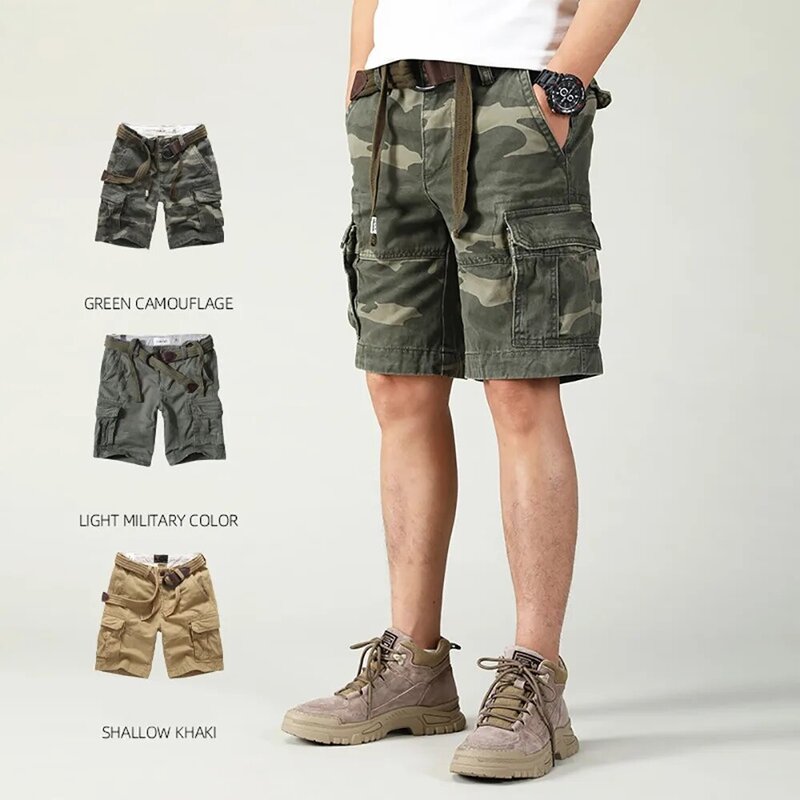 Letnie 100% bawełniane Retro z wieloma kieszeniami proste kamuflaż militarne szorty dla mężczyzn z paskiem Amekaji Y2K Inaka spodnie do kolan