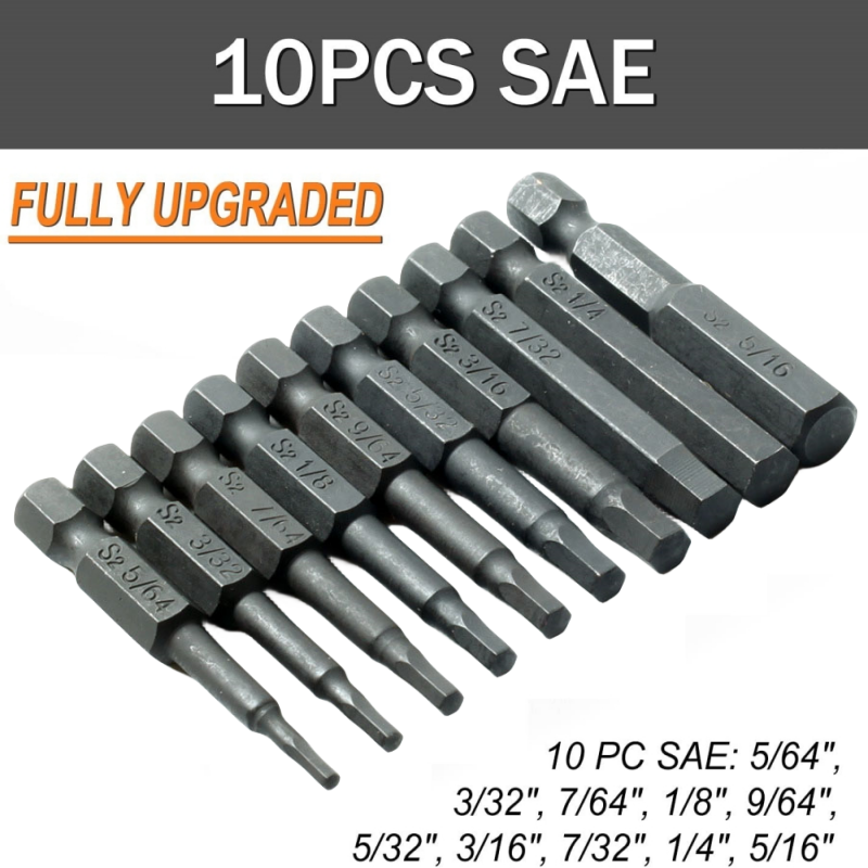 10 Pcs SAE/Metric Hex Head Allen Wrench Drill Bit Set 1/4" Diameter Quick Release Shank Magnetic Screwdriver Bit Set
