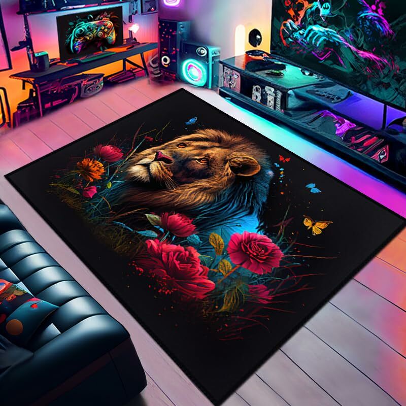 Lion Carpet African Safari Animal Area Rug for Bedroom Living Room Playroom Lionesses Wildlife Doormat Romantic Roses Floor Mat
