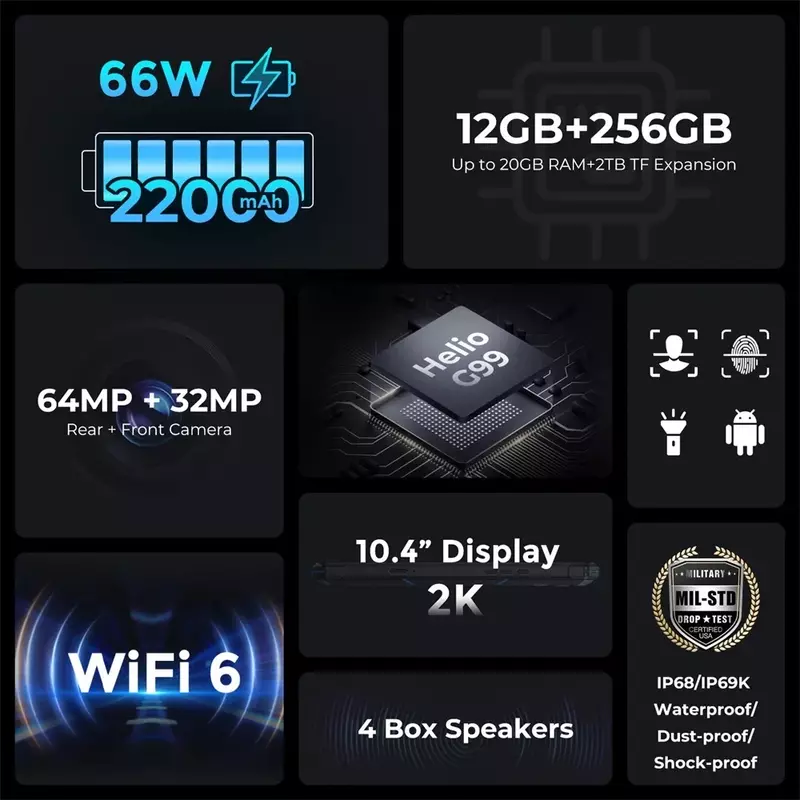 SIMPO-頑丈なタブレットパッド,オクタコア,20GB 256GB, 10.4インチhd,Android 13,pc,4g lte,22000mah,66w,急速充電,dt2