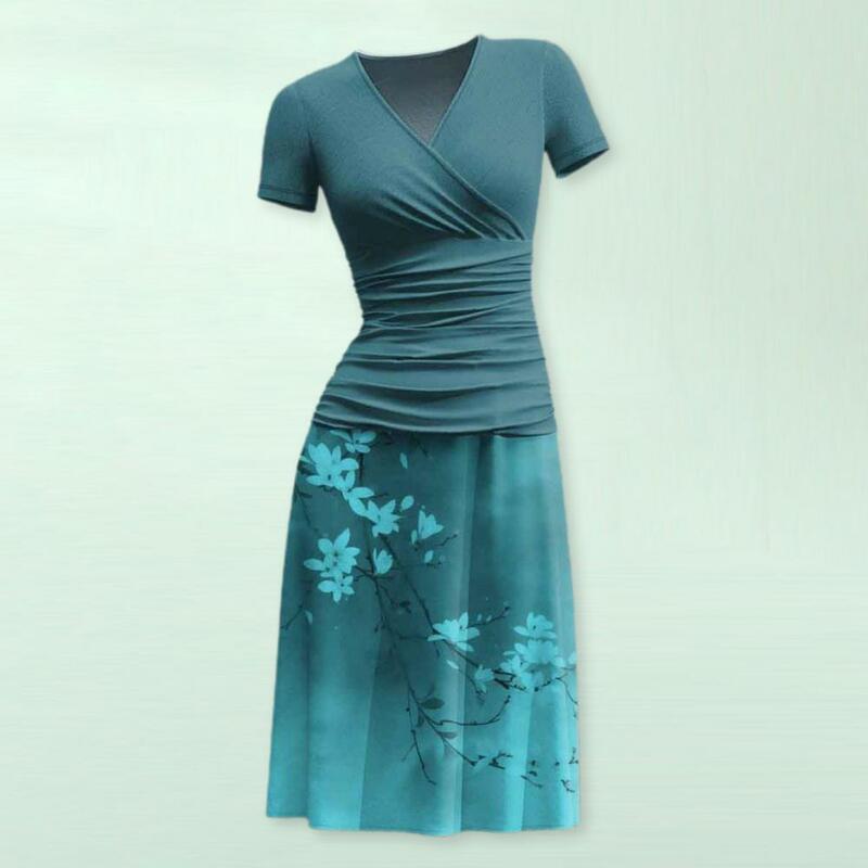 Vestido feminino com estampa floral vintage com decote em v, O-Neck, manga curta, linha A, trajeto, cintura plissada, 3D