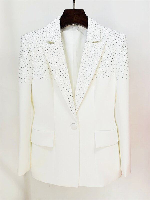 White Crystals Women Suit Skirt Set Formal Blazer Elegant Female Single Button Short Mini Prom Dress Office Lady Jacket Coat