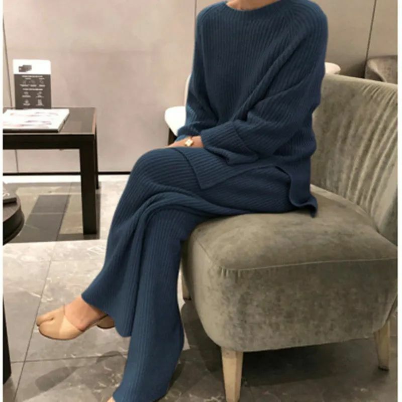 Inverno Casual addensare abiti in maglia moda donna caldo maglione a due pezzi pantaloni a gamba larga larghi eleganti set di maglioni elastici in vita