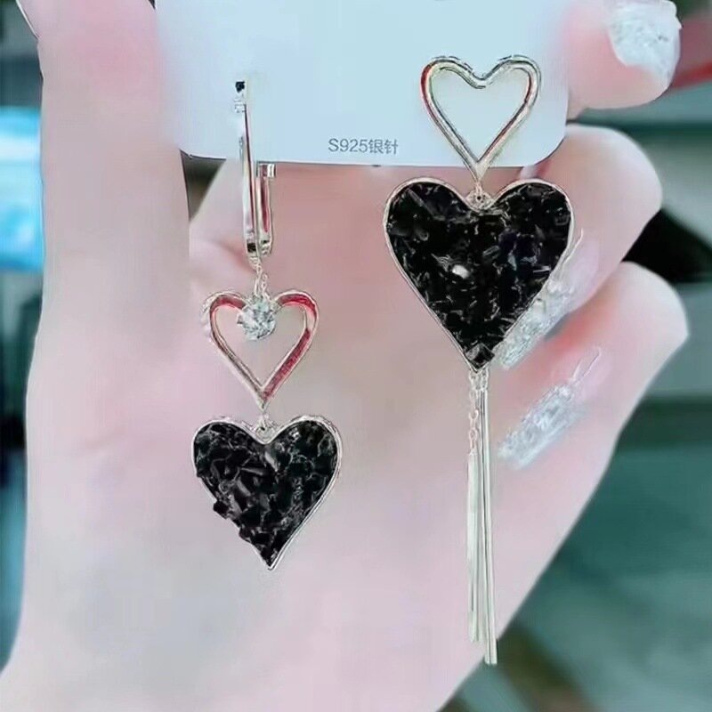 Korean Earrings Fashion Jewelry Long Asymmetric Black Heart Zircon Earrings Statement Tassel Earrings For Women Wholesale