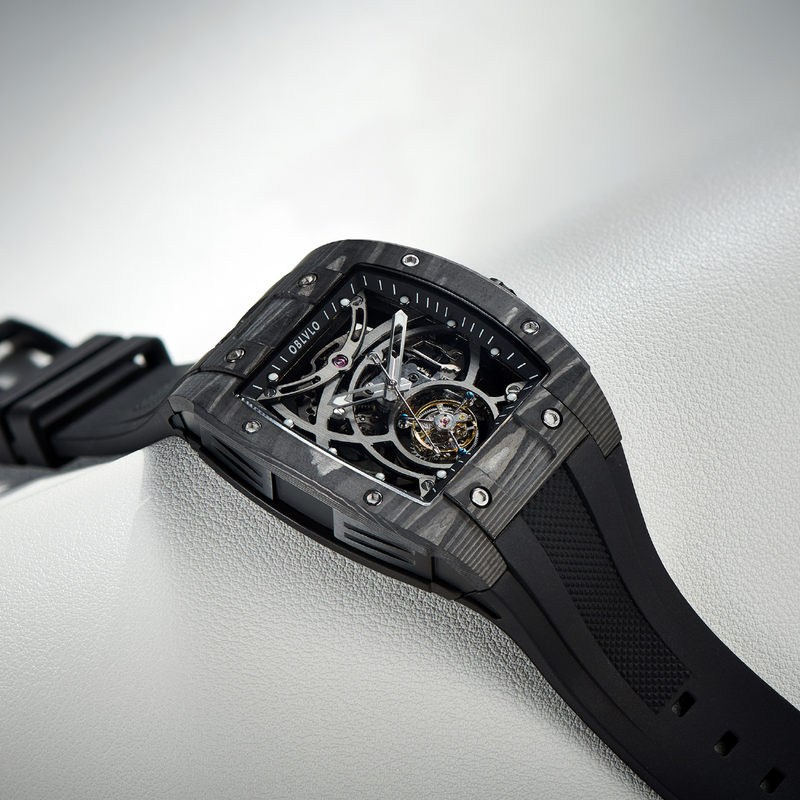 Obvlo jam tangan otomatis Tourbillon hitam semua merek Top olahraga Skeleton bercahaya Wine Barrel karbon casing serat karet EM-RT