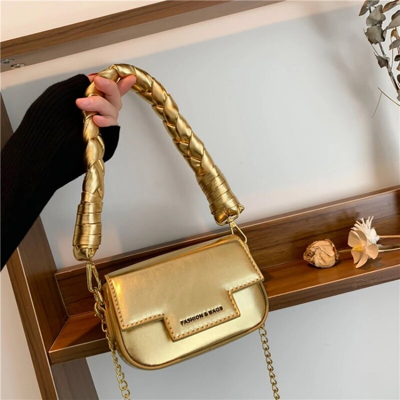 Bolso de mano con asa de cuerda para mujer, Mini bandolera con cadena de lujo, monedero para teléfono, lápiz labial, negro, dorado y plateado