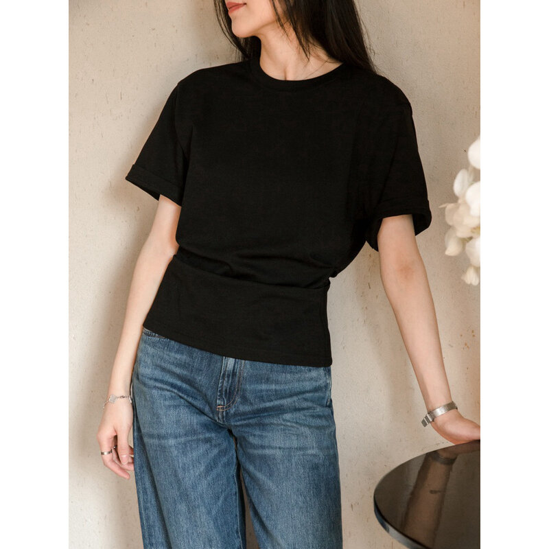T-shirt For Ladies 2024 New Summer Spring Folded Waist O-neck Slim Casual Solid Color Short Sleeve Tee